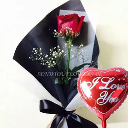 SINGLE ROSE with love balloo - Sendflowers.pk