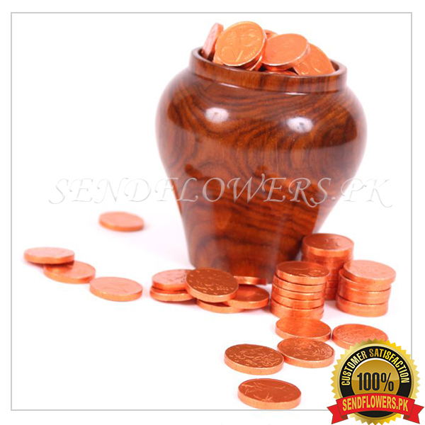 Gold Coins with Wooden Pot - SendFlowers.pk