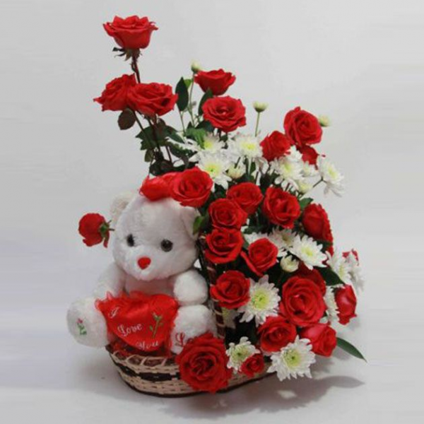 Delivery of Teddy in Love Basket on Birthday