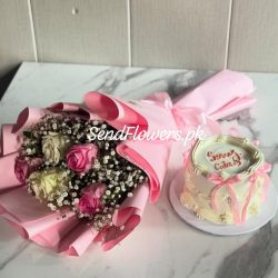 Pink Flowers and Cake Lahore - SendFlowers.pk